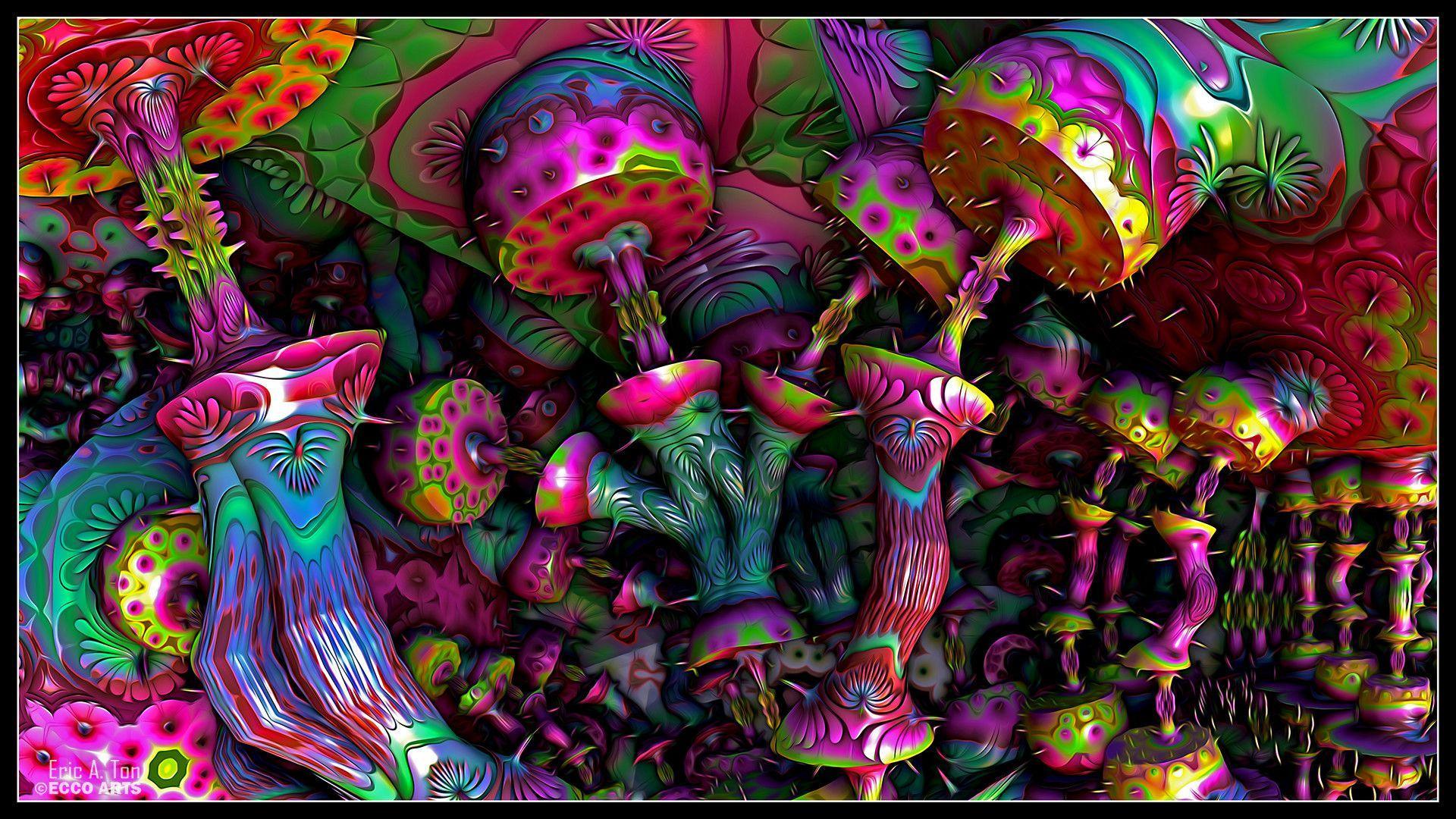 Colorful psychedelic mushroom and plant artwork