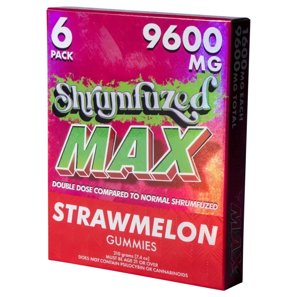 Shrumfuzed Max Strawmelon gummies 6-pack box, 9600mg, red and green packaging