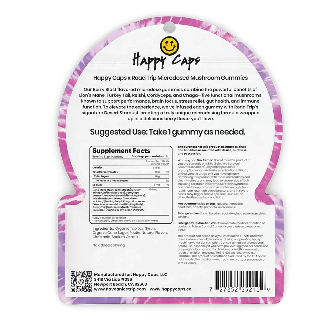Back of a Happy Caps gummy package