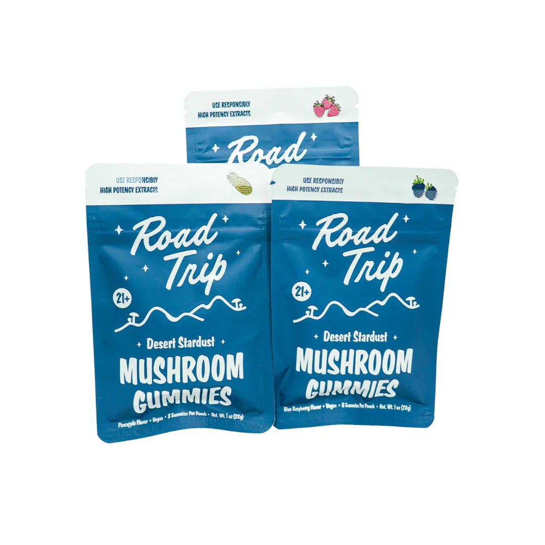 Two packages of Road Trip Desert Stardust Mushroom Gummies