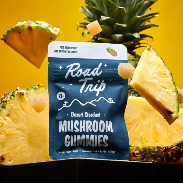 Road Trip Mushroom gummies package with pineapple