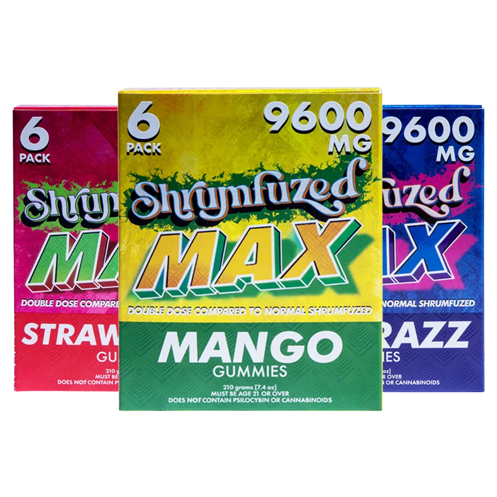 Three packages of Shrymfuzed MAX gummies with different flavors