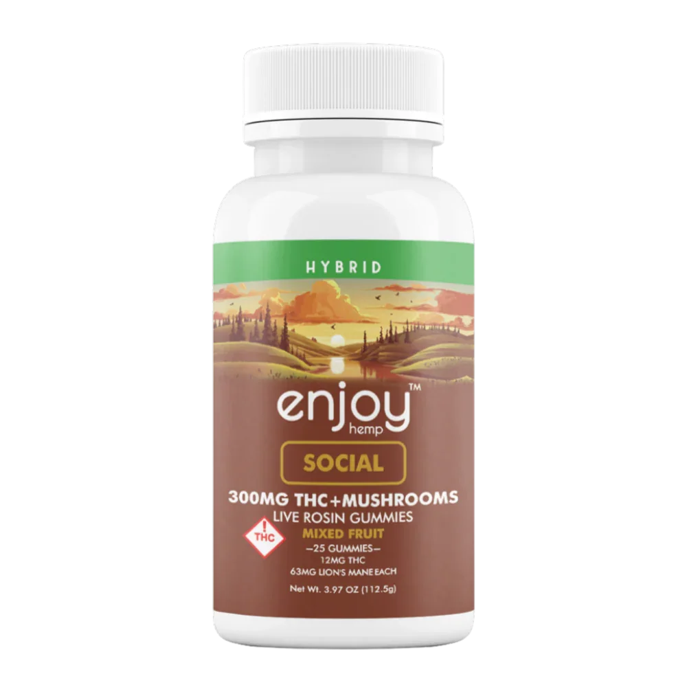 A white bottle of Enjoy Hemp’s Enjoy Live Rosin Social THC + Mushroom Gummies 300mg features a landscape label, hybrid type, mixed fruit flavor, and contains 25 gummies per bottle.