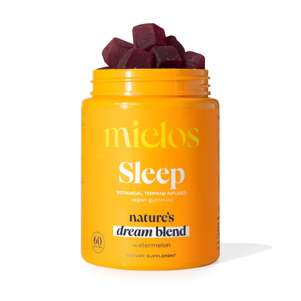 Orange bottle of Mielos Sleep vegan gummies with watermelon flavor and botanical terpene infusion