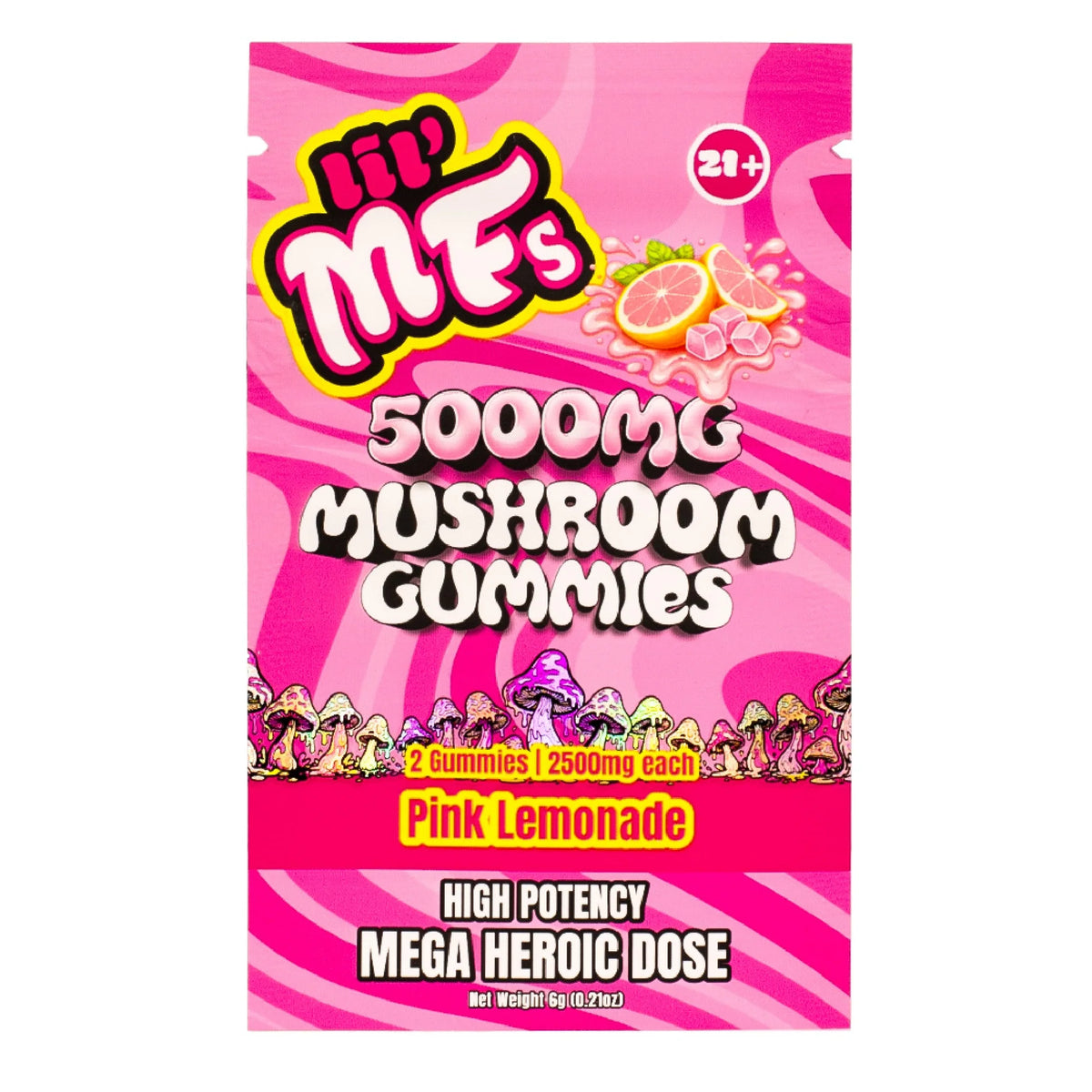 A package of Hip Me's 5000MG Mushroom Gummies in Blue Raspberry flavor, featuring a blue and white striped design with cartoon mushrooms and bold text.