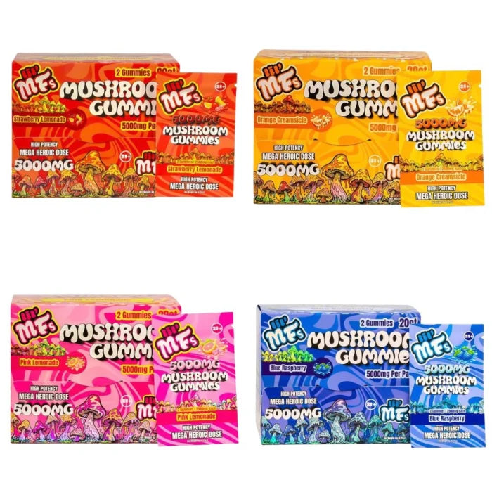 Mushroom gummies packaging with orange and yellow design on a white background
