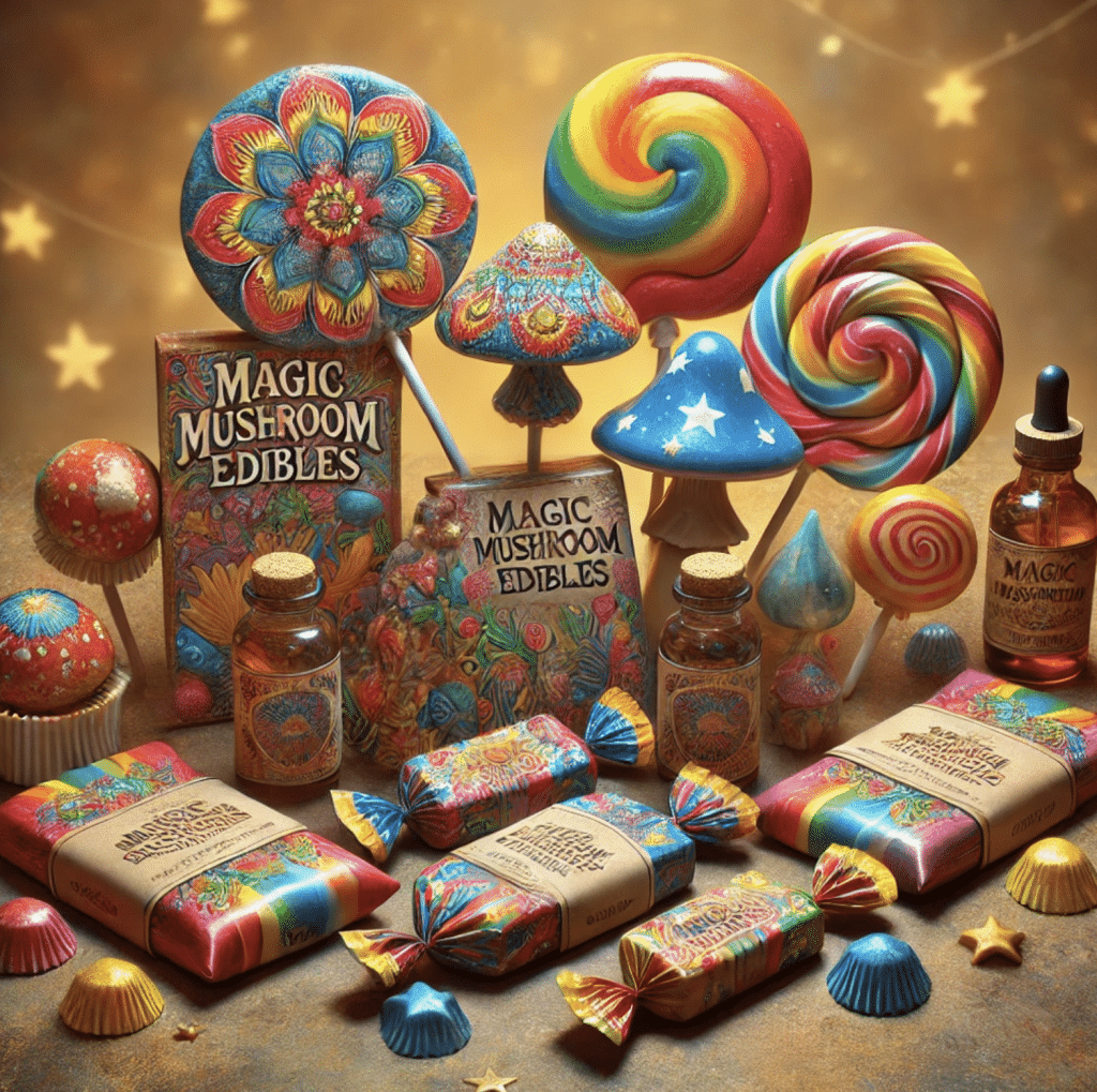 Close-up of colorful gummy bears surrounding a red and white spotted mushroom in natural setting