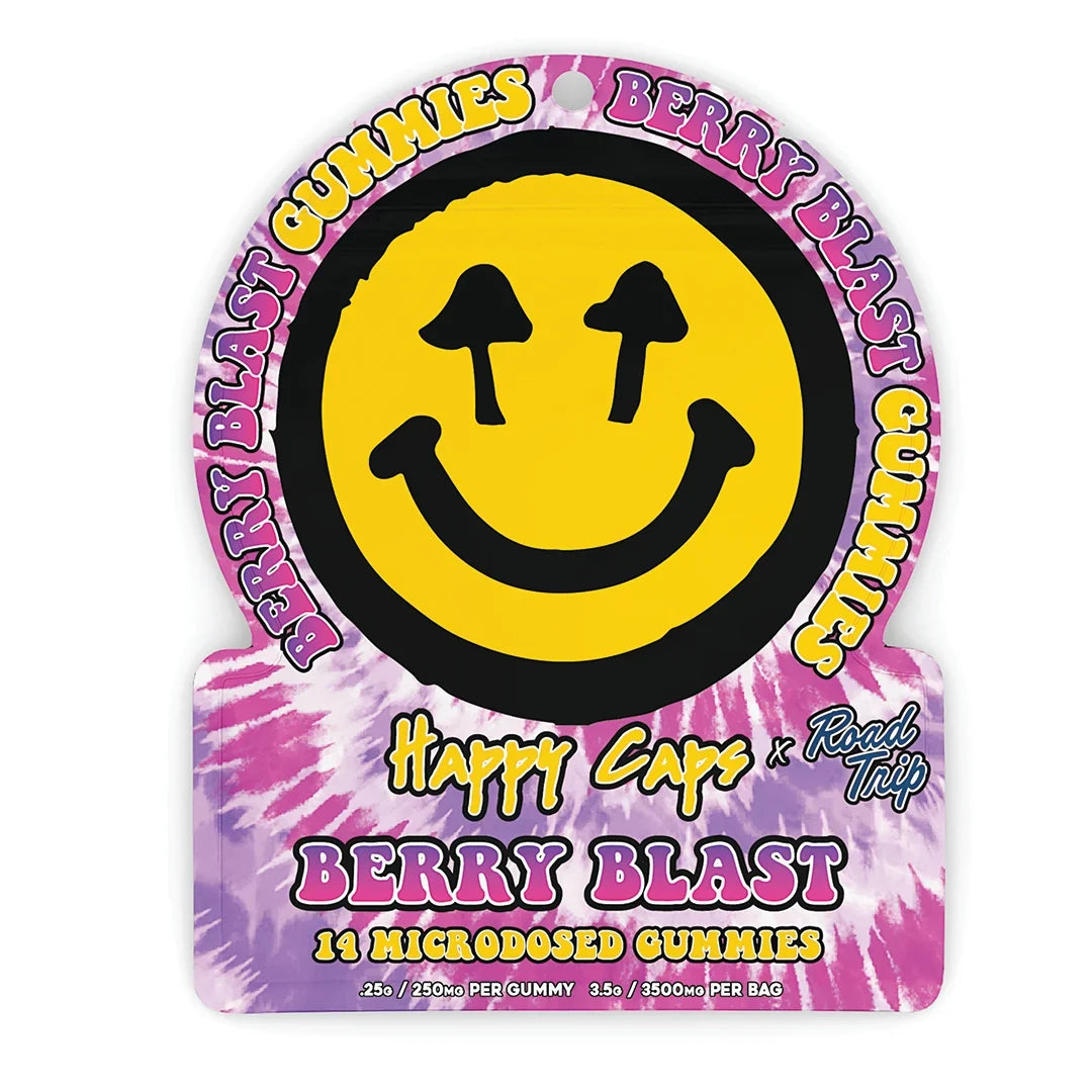 Happy Caps Berry Blast gummies packaging with a smiley face design on a white background