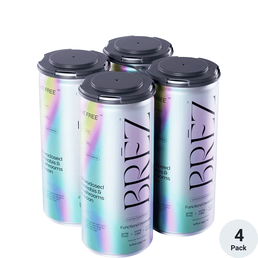 Four cans of BRFZ functional beverages with a gradient design on a white background.