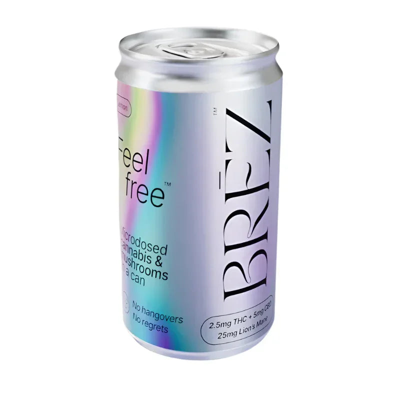 Silver can with colorful label featuring the brand 'BREZ' on a white background