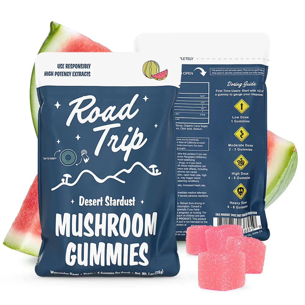 Packaging of Road Trip Desert Stardust Mushroom Gummies with watermelon flavor.