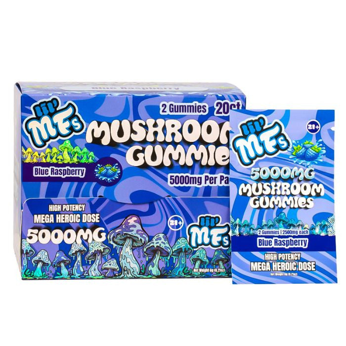 Two boxes of lil' MFs Mushroom Gummies, blue raspberry flavor 