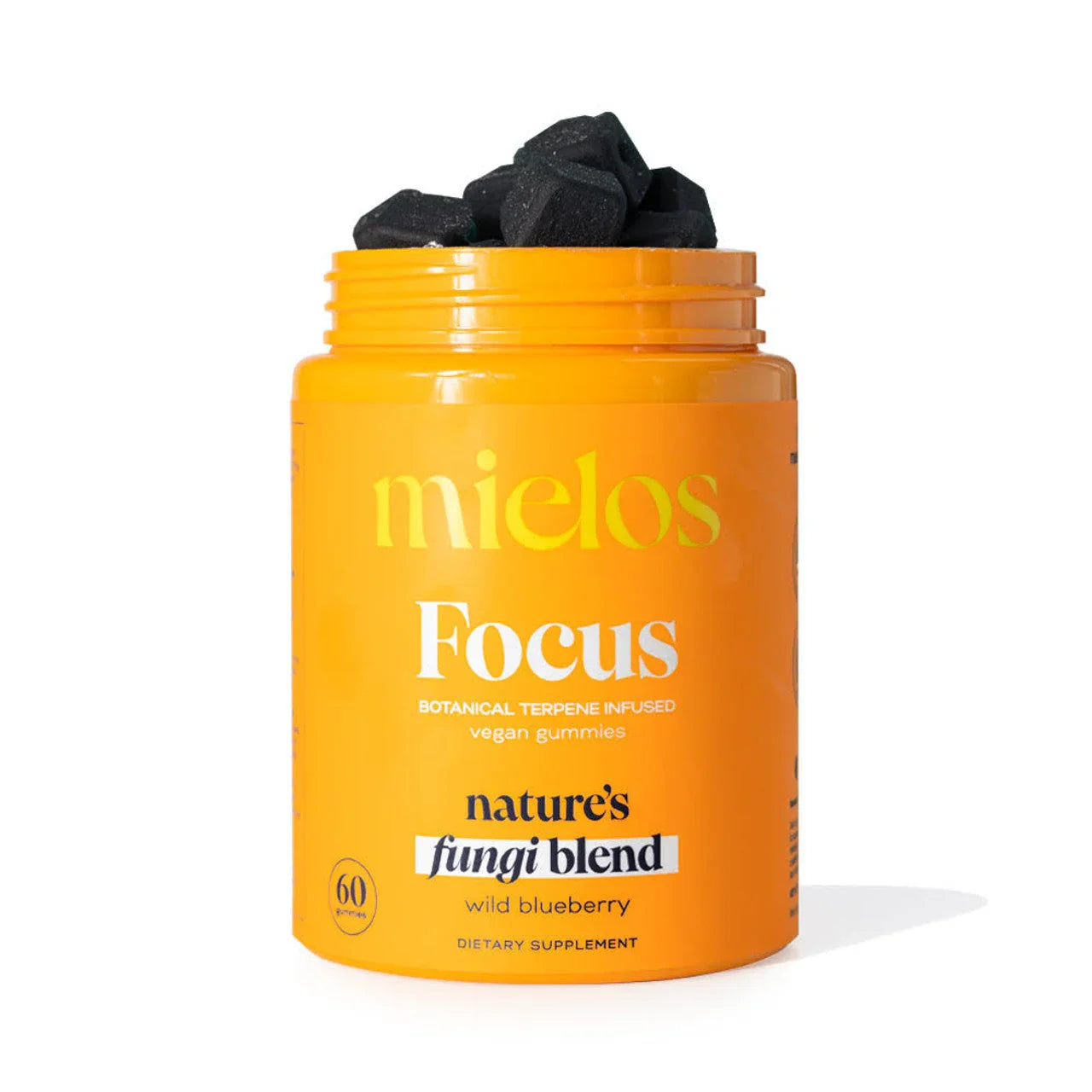 Mielos Focus botanical terpene infused vegan gummies with black gummy cubes