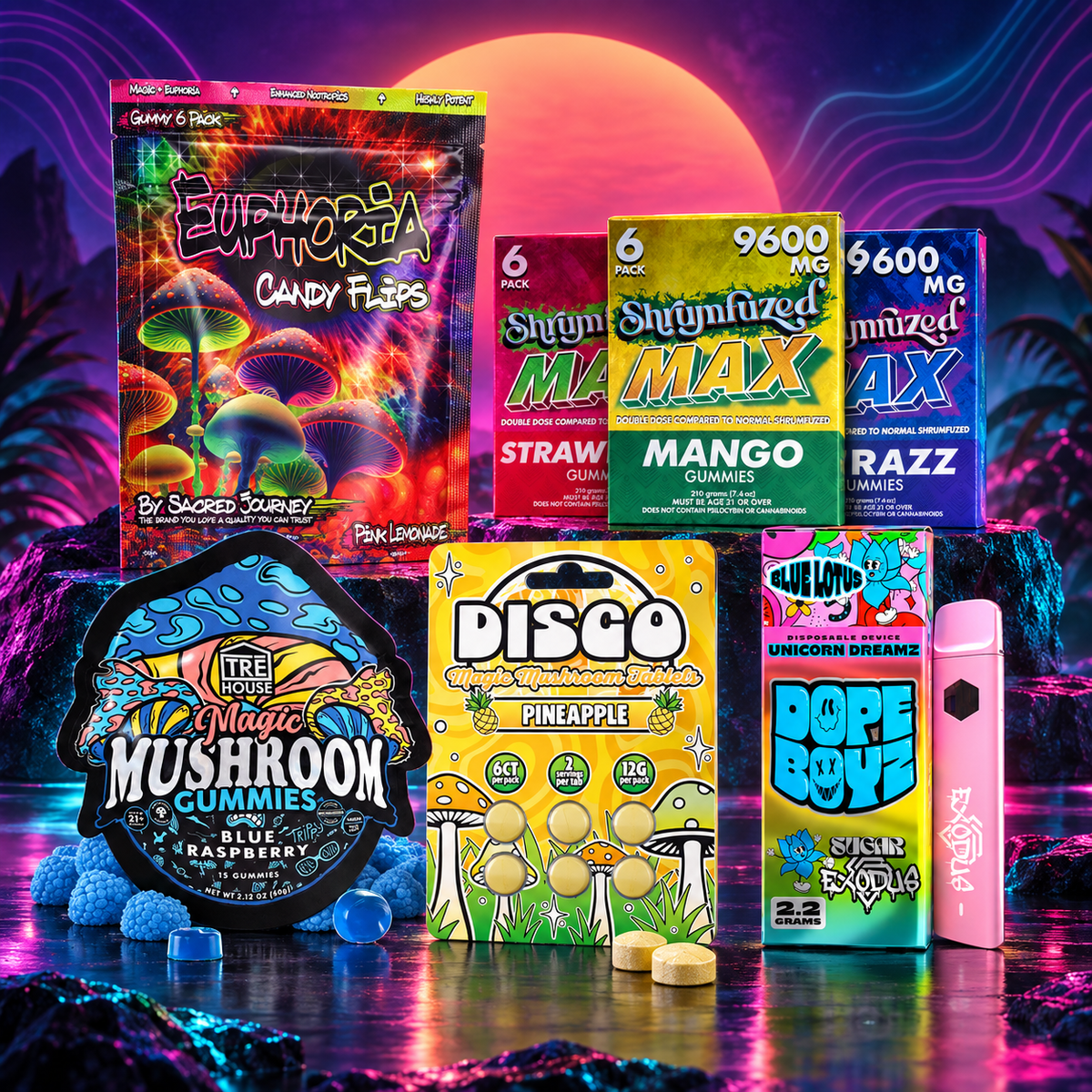 Variety of colorful mushroom gummy packs and a vape pen against a psychedelic neon background.