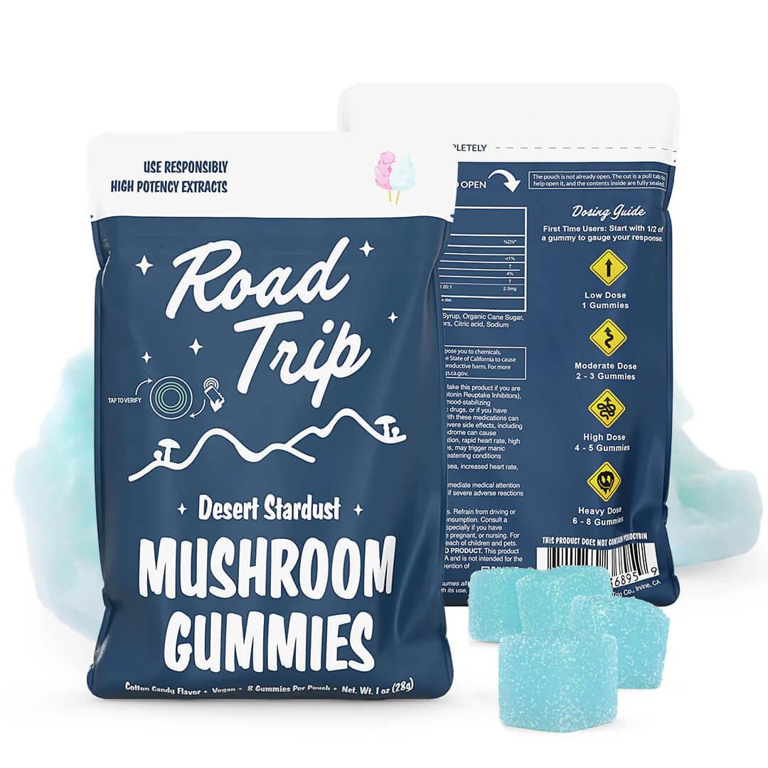 Mushroom gummies packaging with blue gummies on a white background