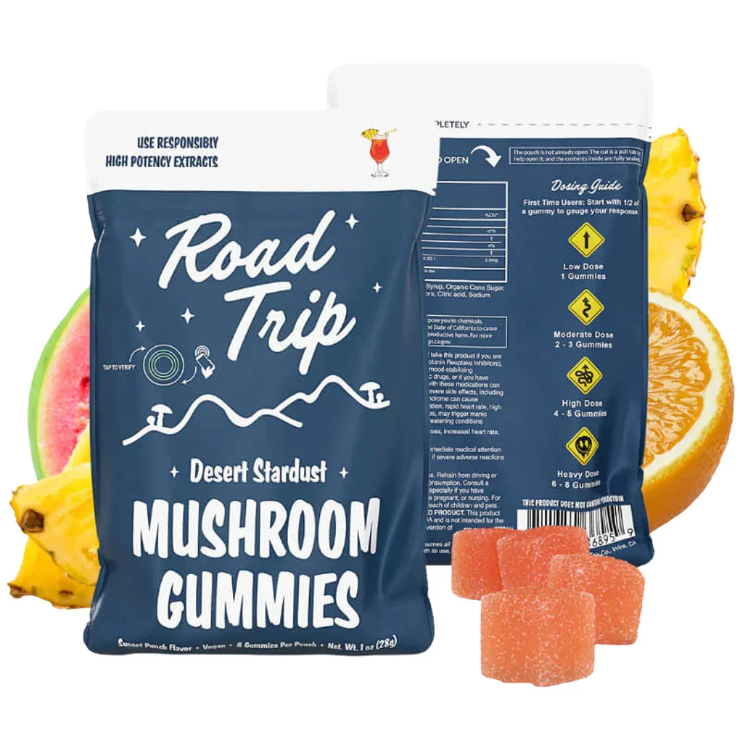 Packaging of 'Road Trip' Desert Stardust Mushroom Gummies