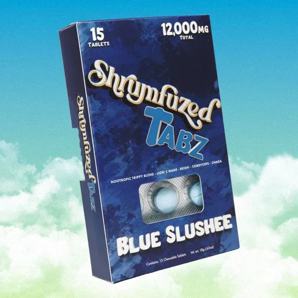 Blue Slushee Shrumfuzed Tabz with 12,000mg nootropic blend, 15 chewable tablets against a sky backdrop