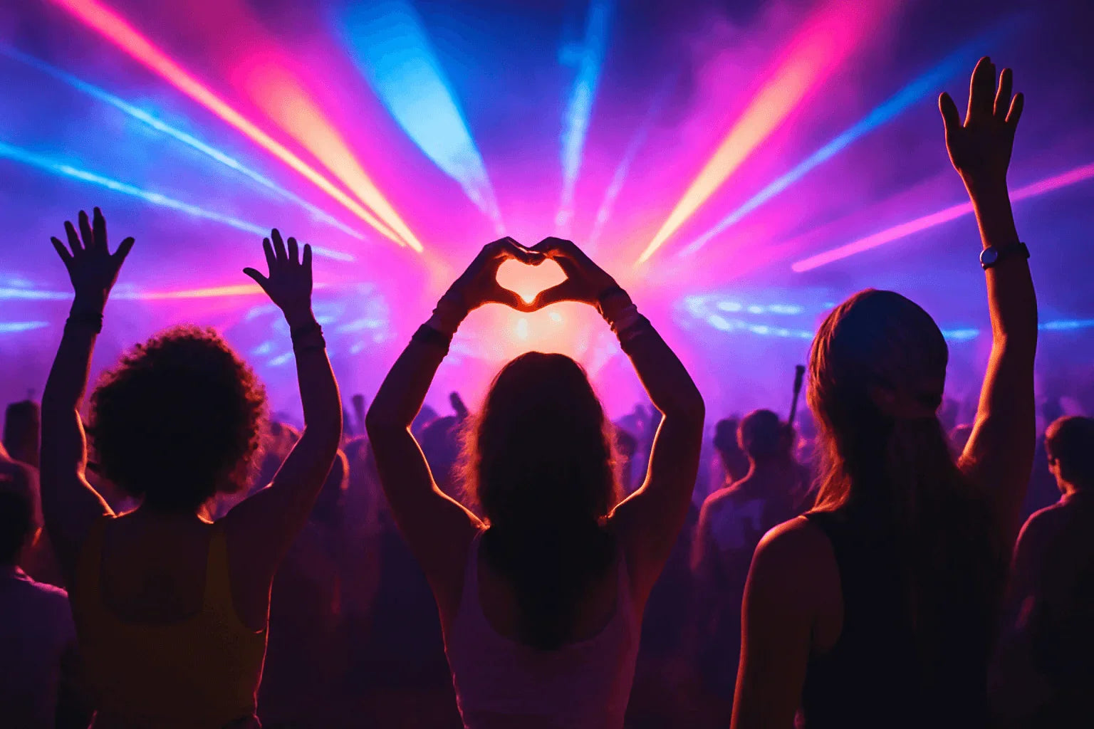 People at a concert with colorful lights and one person making a heart shape