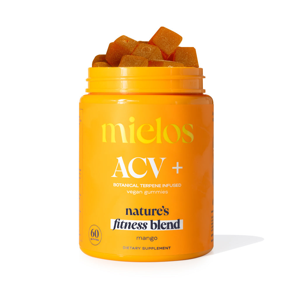 Mielos ACV+ vegan mango gummies in bright orange jar, nature's fitness blend dietary supplement