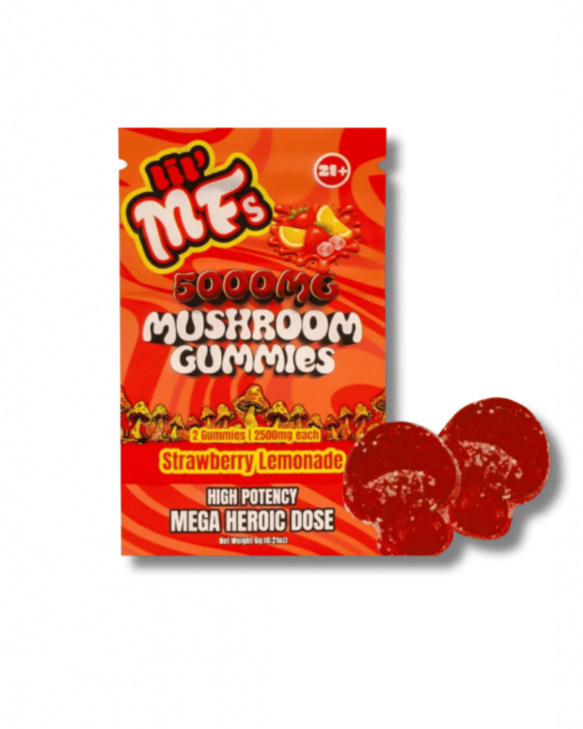 A package of Hip Mf's Strawberry Lemonade 5000MG Mushroom Gummies, featuring a bright red and orange design with bold white and yellow text.