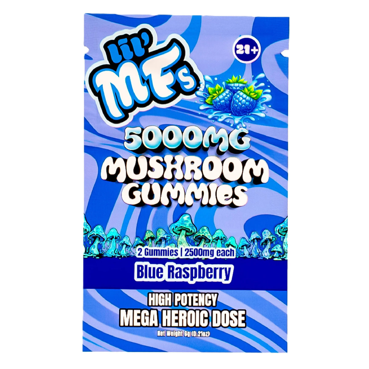 Pink lemonade mushroom gummies packaging with colorful graphics on a white background