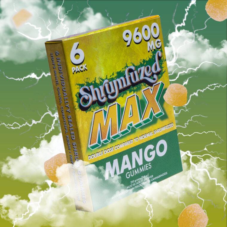 Box of Shroomified Max Mango Gummies with a green and yellow color scheme on a cloud and lightning background.